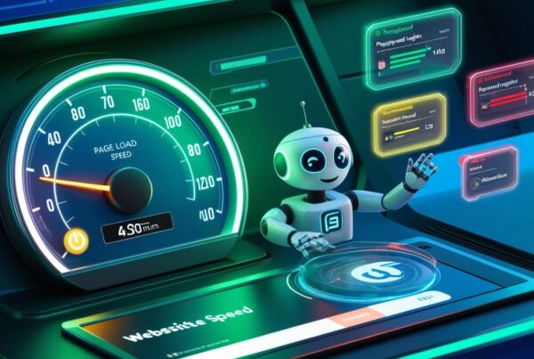 A futuristic digital dashboard displaying website performance metrics, including a speedometer gauge measuring page load speed