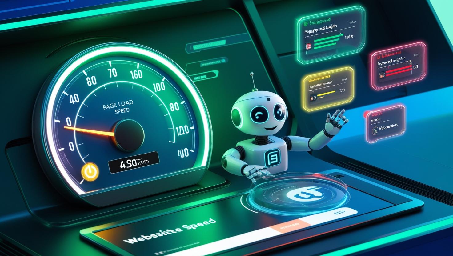 A futuristic digital dashboard displaying website performance metrics, including a speedometer gauge measuring page load speed