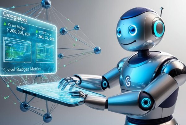 A futuristic robotic Googlebot navigating a digital web, scanning and analyzing interconnected web pages