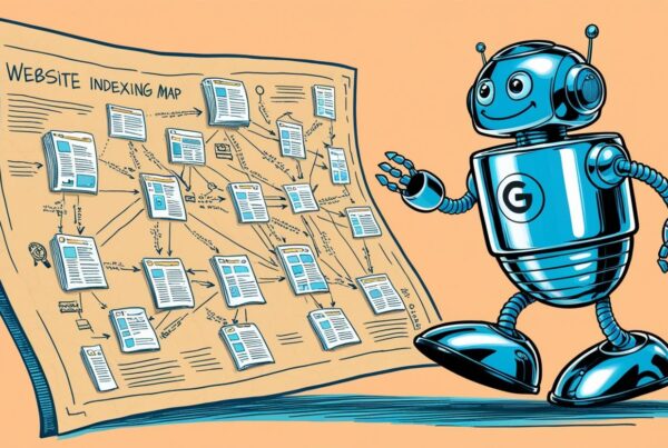 A robot (symbolizing Googlebot) following a map, visually representing how search engines crawl and index a website.
