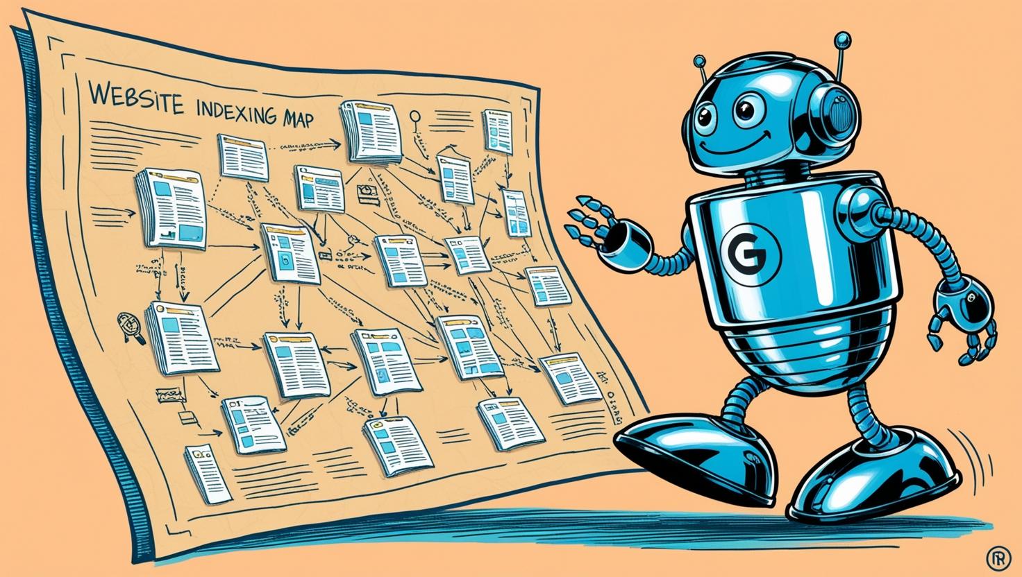 A robot (symbolizing Googlebot) following a map, visually representing how search engines crawl and index a website.