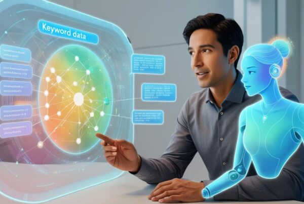 A person analyzing keyword data on a holographic screen, while an AI assistant suggests improvements, illustrating AI as a supportive tool rather than a decision-maker.
