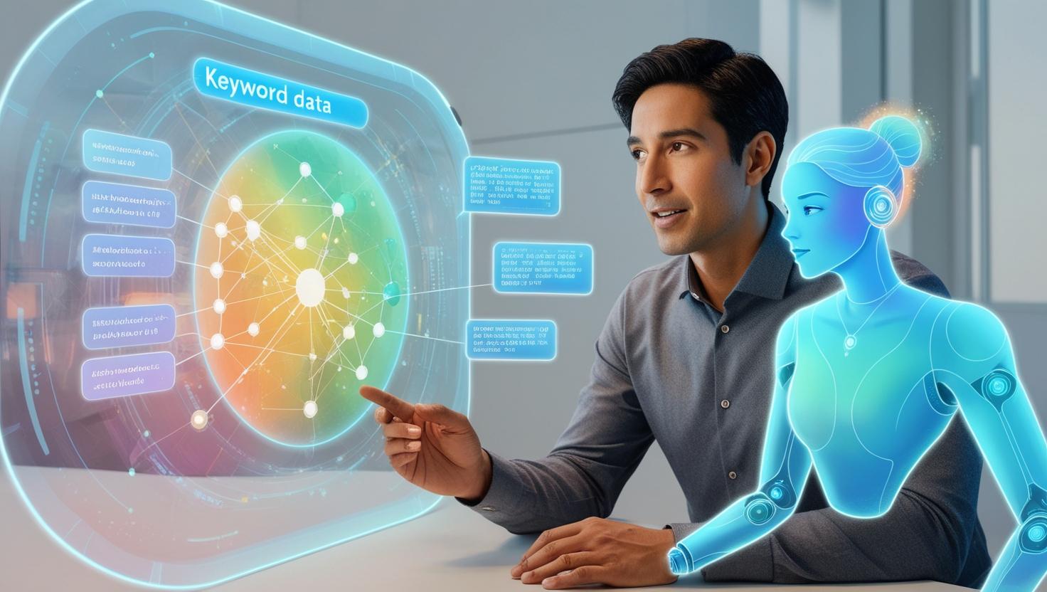 A person analyzing keyword data on a holographic screen, while an AI assistant suggests improvements, illustrating AI as a supportive tool rather than a decision-maker.