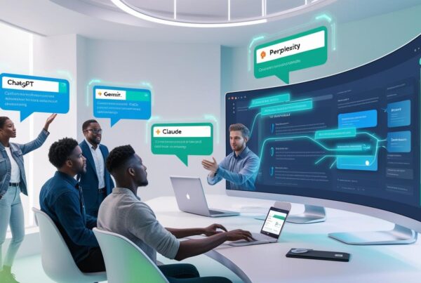 A digital workspace where an AI-powered assistant is optimizing an eCommerce website. The AI tools ChatGPT, Gemini, Claude, and Perplexity are represented as interactive digital assistants, each providing specialized SEO recommendations. A human marketer is reviewing AI-generated suggestions, ensuring they align with customer intent and brand strategy.