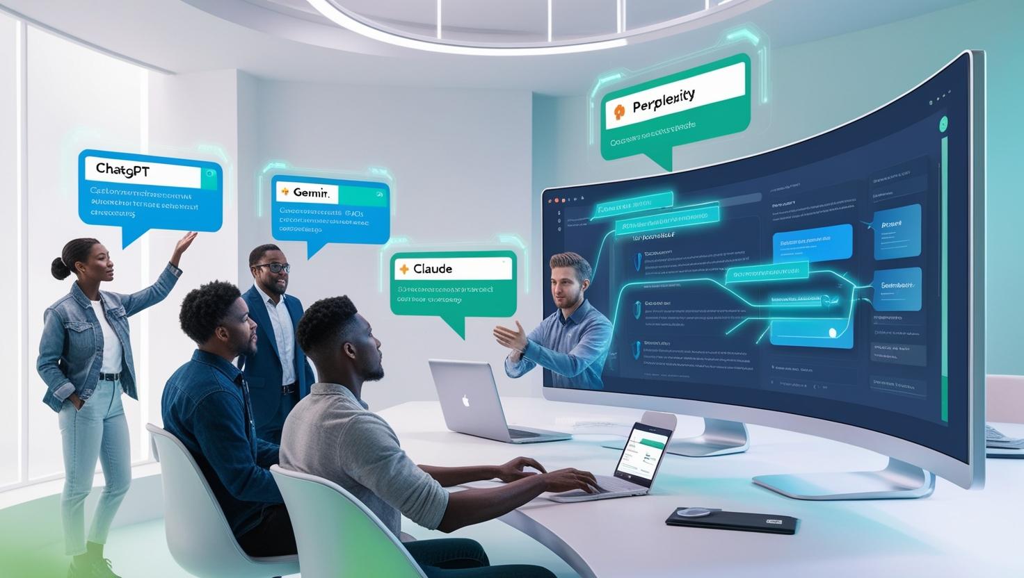 A digital workspace where an AI-powered assistant is optimizing an eCommerce website. The AI tools ChatGPT, Gemini, Claude, and Perplexity are represented as interactive digital assistants, each providing specialized SEO recommendations. A human marketer is reviewing AI-generated suggestions, ensuring they align with customer intent and brand strategy.
