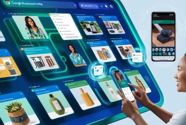 A futuristic digital search engine interface displaying a visually rich product grid, Google Business Profile images, and AI-powered search results