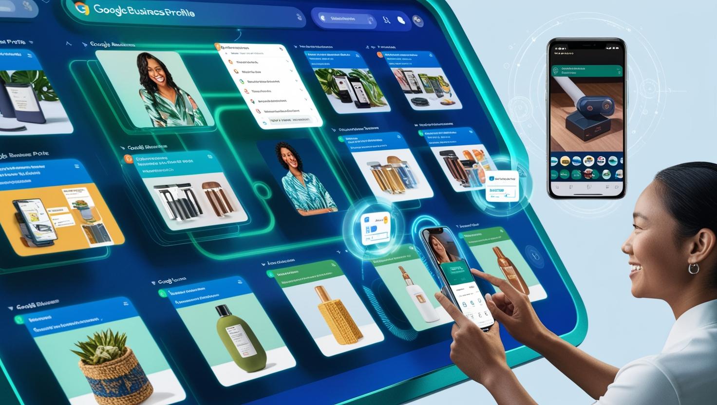A futuristic digital search engine interface displaying a visually rich product grid, Google Business Profile images, and AI-powered search results
