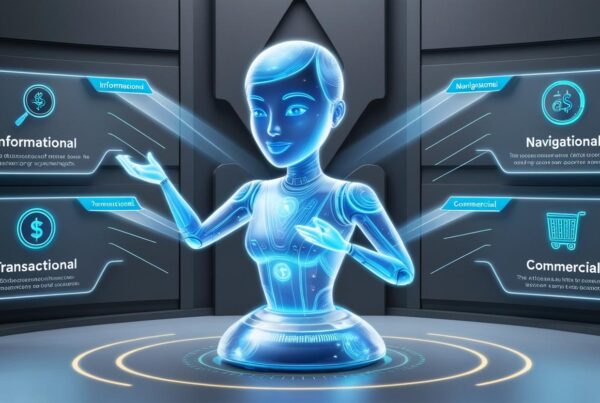 digital search interface symbolising different search intents—Informational, Navigational, Transactional, and Commercial A person or AI assistant (represented as a holographic figure) is analyzing the search queries, highlighting relevant results in a visually engaging way. The background is sleek and modern, with a high-tech, AI-driven aesthetic, emphasizing digital strategy and SEO insights