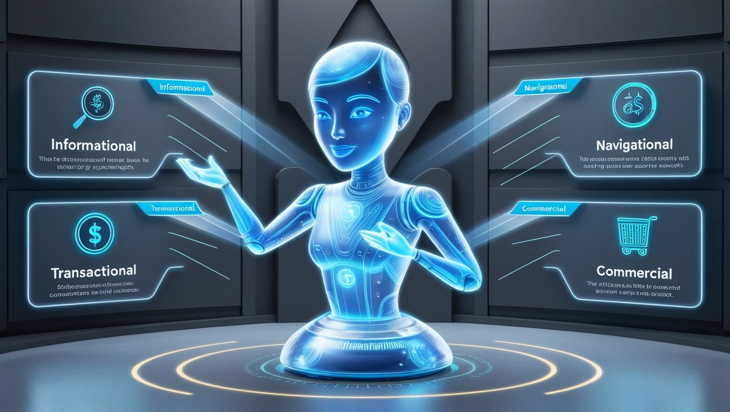 digital search interface symbolising different search intents—Informational, Navigational, Transactional, and Commercial A person or AI assistant (represented as a holographic figure) is analyzing the search queries, highlighting relevant results in a visually engaging way. The background is sleek and modern, with a high-tech, AI-driven aesthetic, emphasizing digital strategy and SEO insights